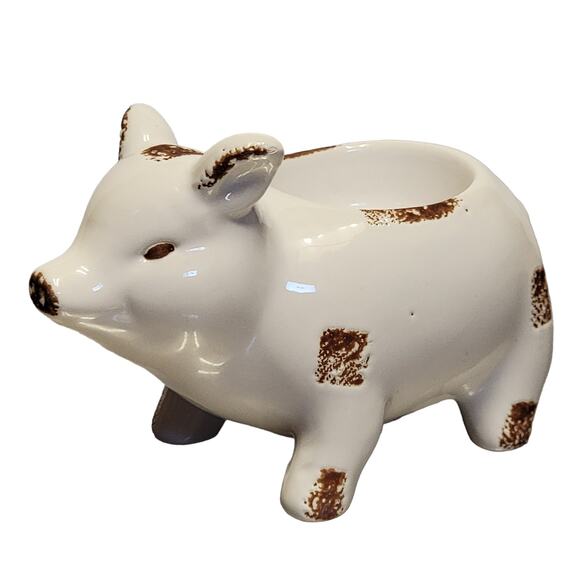 Pig Tealight Candle Holder White Brown 5.5" Ceramic Farmhouse Country Home Decor - Picture 1 of 7